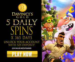 Play 5 Daily Free Spins for 365 Days! Only at Davinci\'s Gold Casino